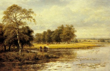 Lake Pond Waterfall Painting - On The Thames landscape Benjamin Williams Leader
